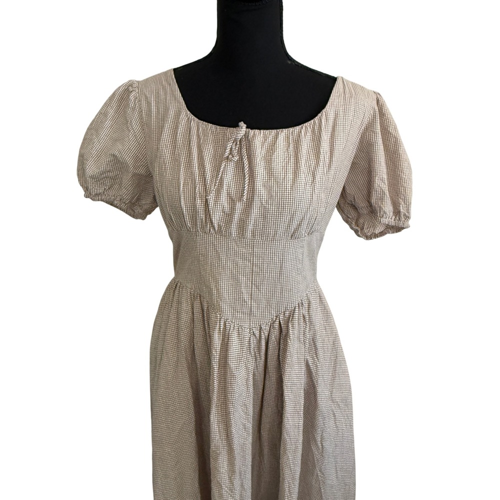 Tea n Rose Womens Cottagecore Tan Gingham Midi Dress Small Farmcore Peasant - Picture 2 of 8